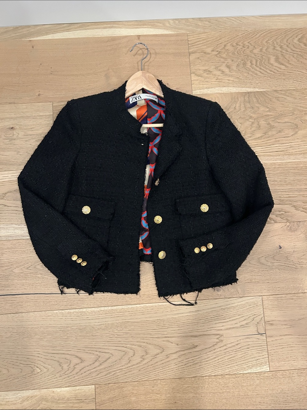 Zara Black Tweed Blazer with Gold Buttons and frayed hems